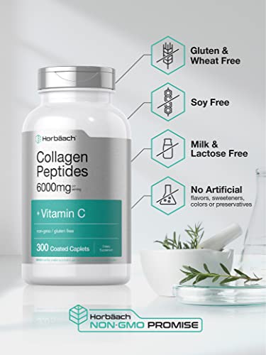 Collagen Peptides 6000mg | 300 Caplet Pills | with Vitamin C | Hydrolyzed Collagen Supplement | Non-GMO, Gluten Free | by Horbaach