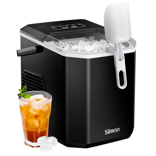 Silonn Ice Maker Countertop, Portable Ice Machine with Carry Handle, Self-Cleaning Ice Makers with Basket and Scoop, 9 Cubes in 6 Mins, 26 lbs per Day, Ideal for Home, Kitchen, Camping, RV