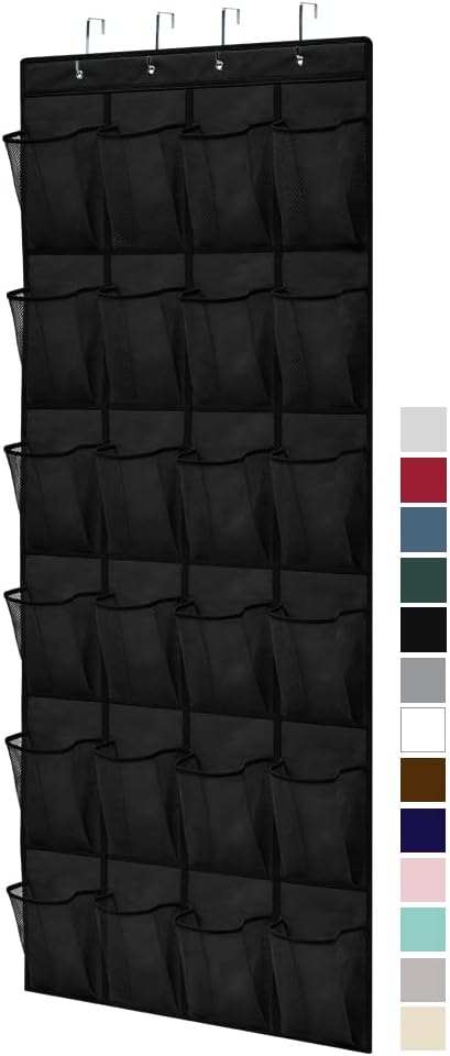 Gorilla Grip Slip Resistant Breathable Space Saving Mesh Large 24 Pocket Shoe Organizer, Up to 40 Pounds, Over the Door, Sturdy Closet Storage Rack Hangs on Closets for Shoes, Sneakers, Black