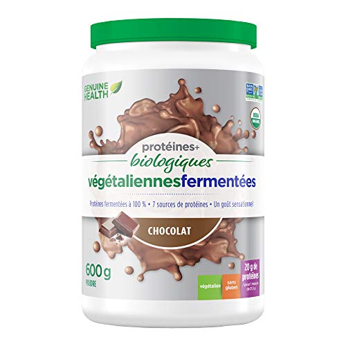 Genuine Health Fermented Organic Vegan Proteins+, Natural Chocolate Protein Powder, 20g Protein, 21.16 oz tub, 20 Servings