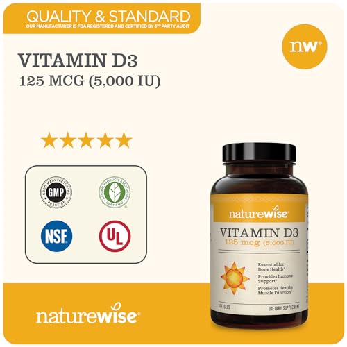 NatureWise Vitamin D3 5000iu (125 mcg) Healthy Muscle Function, and Immune Support, Non-GMO, Gluten Free in Cold-Pressed Olive Oil, Packaging Vary ( Mini Softgel), 90 Count