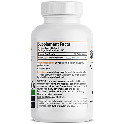 Bronson Vitamin A 10,000 IU Premium Non-GMO Formula Supports Healthy Vision & Immune System and Healthy Growth & Reproduction, 250 Softgels