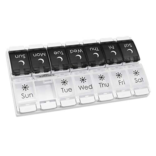 EZY DOSE Push Button (7-Day) Pill Case, Medicine Planner, Vitamin Organizer, 2 Times a Day AM/PM, Removeabale Trays, Large Compartments, Arthritis Friendly, Black and White Lids