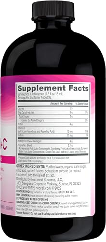 NeoCell Collagen Peptides + Vitamin C Liquid, 4g Collagen Per Serving, Gluten Free, Types 1 & 3, Promotes Healthy Skin, Hair, Nails & Joint Support, Pomegranate, 16 Oz