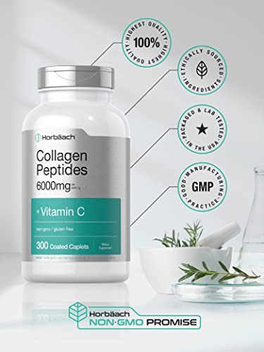 Collagen Peptides 6000mg | 300 Caplet Pills | with Vitamin C | Hydrolyzed Collagen Supplement | Non-GMO, Gluten Free | by Horbaach