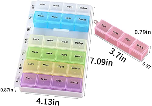 Weekly Pill Organizer Medicine Box: Pill Containers 7 Day 4 Times A Day, Vitamin Containers Organizer, Pill Cases with Spring Open Design and Large Compartment to Hold Vitamins Fish Oil, Rainbow Lids