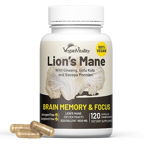 Lions Mane Mushroom Supplement Capsules Complex - Nootropic Brain Support Supplement, Lions Mane Extract - 120 Vegan Brain Booster Bacopa Monnieri, Gotu Kola, Ginseng Capsules - Focus Memory Support