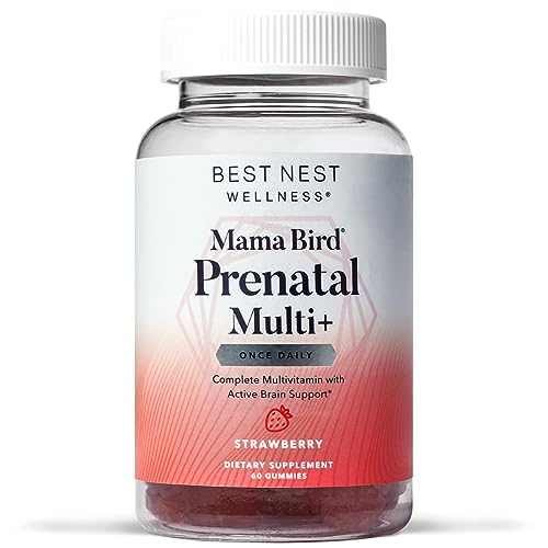 Best Nest Wellness Mama Bird Gummy Prenatal Vitamins, Methylfolate (Folic Acid), Vegan, 2 Gummies per Serving, for Eye and Brain Development, Strawberry Flavor, 60 Ct