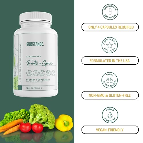 SUBSTANCE. - Nature's Sustenance Daily Greens, Fruits & Veggies Supplement - Superfood Vitamin Capsules - Enhance Energy, Mental Clarity, & Overall Wellness - US Made, Vegan-Friendly - 120 Capsules