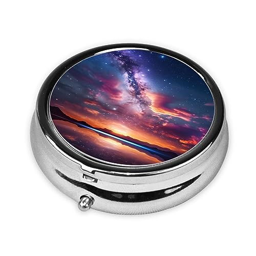 Round Pill Box Color Night Sky Cute Small Pill Case 3 Compartment Pillbox for Purse Pocket Portable Pill Container Holder to Hold Vitamins Medication Fish Oil and Supplements