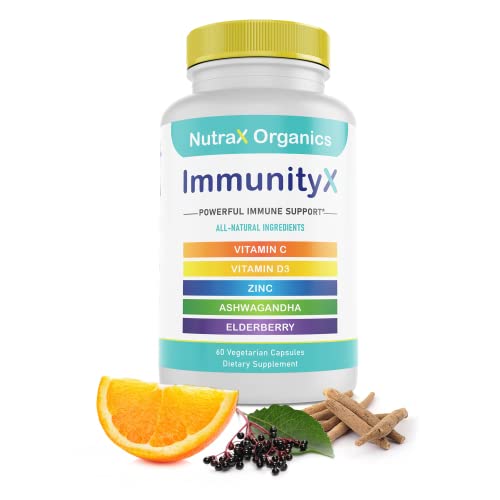 All-in-One Organic Immune Support Supplement 60 Vegan Capsules - Elderberry 500mg, Ashwagandha 500mg, 400mg Vitamin C and Zinc - Vitamin D3 - Immune Boosters for Adults