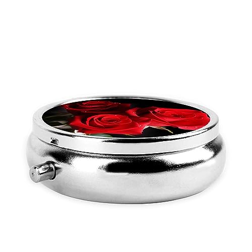 Red Roses Print Round Pill Box 3 Compartment Medicine Pill Case Portable Pill Container for Daily Medicine Supplement Vitamin