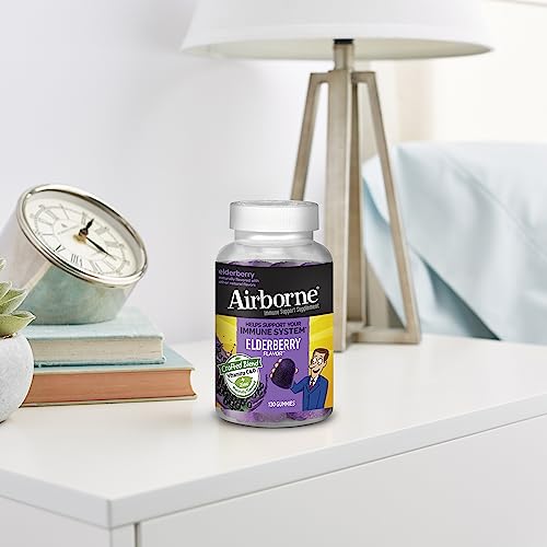 Airborne Elderberry + Zinc & Vitamin C Gummies For Adults, Immune Support Vitamin D & Zinc Gummies with Powerful Antioxidant Vitamins C D & E - 130 Gummies, Elderberry Flavor