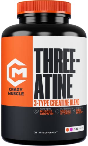 Crazy Muscle Creatine Monohydrate Pills - Premium 3 Type 5g Creatine Pills - Pre/PostWorkout & Keto Energy Builder - Easy-to-Take Three-Atine Pills for Optimum Performance Men Women - 180 Tablets