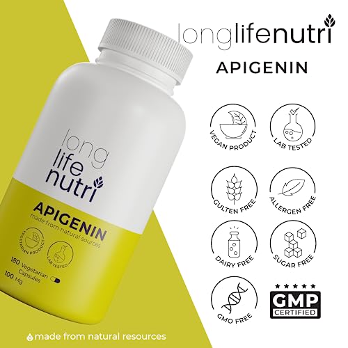 Apigenin Supplement 100mg 180 Vegetarian Capsules | Powerful Bioflavonoid Found in Chamomile Extract | Natural Prostate Health Support | Pure Herbal Complex for Sleep Stress Mood | 100 mg Powder Pill