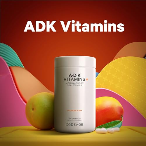 Codeage ADK Vitamin Supplement, Vitamin A, Vitamin D3 5000 IU Cholecalciferol, Vitamin K1 & K2 (MK4 & MK7), 6-Month Supply, Only One Daily Pill, Helps Support Immune Health, Bone & Heart, 180 Capsules