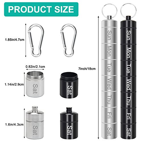 Small Portable Pill Case Keychain for Travel, AngleKai 2 Pack Pill Organizer Aluminium Alloy Small Pill Box Waterproof Pill Container Medicine Bottle Organizer Weekly (Black and Silver)