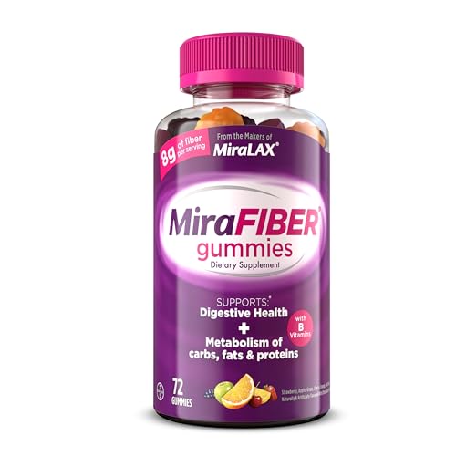 MiraLAX New MiraFIBER Gummies, 8g of Daily Prebiotic Fiber with B Vitamins to Support Digestive Health and Metabolism, Fruit Flavored Fiber Gummies, 72 Count, 18 Servings per Bottle