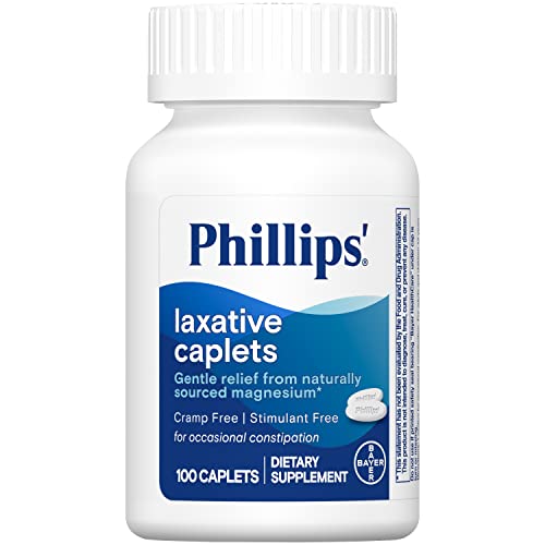 Phillips' Laxative Caplets, With Naturally Sourced Magnesium Supplement for Gentle Relief of Occasional Constipation, Cramp and Stimulant Free Laxatives, 100 Caplets