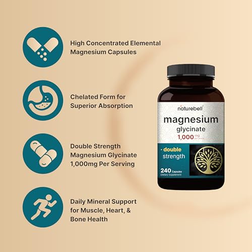 Magnesium Glycinate Supplement 1,000mg | 500mg Per Capsule, 240 Pills | 100% Chelated & Purified – Non-GMO & Gluten Free