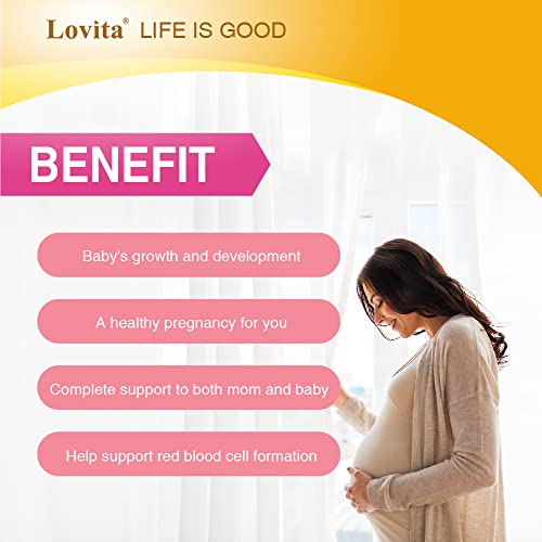 Lovita Prenatal Vitamins with Iron 27 mg, Folic Acid 800mcg & Calcium, Vegan Prenatal Vitamins for Women During and Post Preganacy, Non GMO, 180 Vegetarian Prenatal Pills