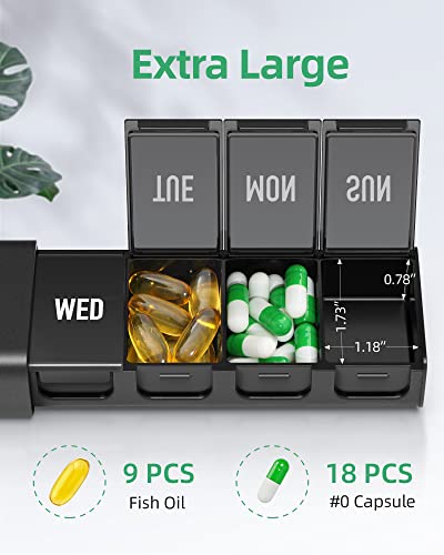 Dual Black Lightproof Weekly Pill Organizer, Extra Large Travel Pill Box 7 Day with Privacy Protection Design, BPA-Free Daily Pill Cases for Vitamins, Fish Oils, Medications, Supplements