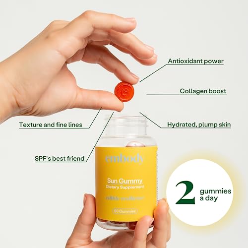 Embody Antioxidant Sun Gummy, Orange Pineapple Flavor, Fern Extract Supplement for Anti-Aging, Dark Spots, Healthy Skin - Promotes Collagen Production, Vitamin C, Selenium (60 Count, Orange Pineapple)