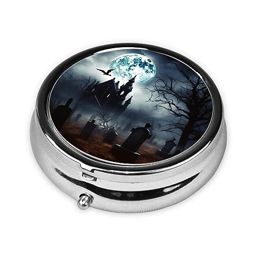 Round Pill Box Gothic Happy Halloween Cute Small Pill Case 3 Compartment Pillbox for Purse Pocket Portable Pill Container Holder to Hold Vitamins Medication Fish Oil and Supplements