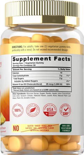 Carlyle Vitamin D3 1000iu Gummies | 90 Count | Vegetarian, Non-GMO, and Gluten Free Vitamin D Supplement | Natural Pineapple Flavor