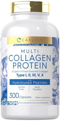 Carlyle Multi Collagen Protein 2000mg | 300 Capsules | Type I, II, III, V, X | Collagen Peptide Pills | Keto & Paleo Friendly, Gluten Free Supplement