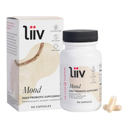 LiiV Mood Probiotics for Digestive Health & Occasional Stress Support - 3-in-1 Daily Probiotic Blend 8 Billion CFU Whole Body Wellness S. boulardii Supplement for Women & Men - 60 Capsules