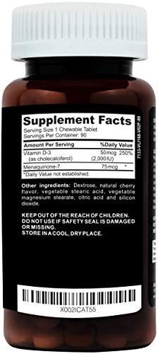 Clinical Daily Chewable Vitamin D3 K2. Vegan Vitamin D Immune Support Supplement for Women, Men and Kids. Vitamin K Supplements for Bone & Joint Support. 90 Vegetable Chewable Pills - 3 Month Supply