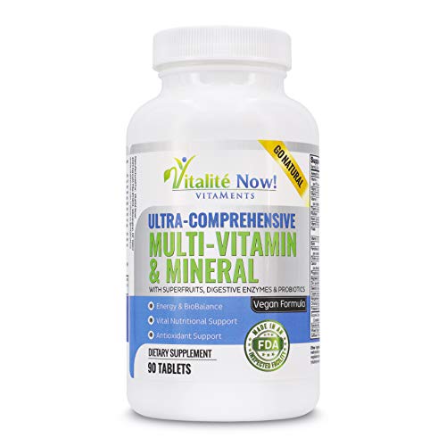 Vegan Whole Food Multivitamin & Mineral - Vitamins A B1 B2 B6 B12 C D3 E & 110 Super Foods, Herbs, Greens & Reds - Enzymes & Probiotics for Immune Support - Energy Boost - 90 Tablets