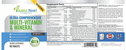 Vegan Whole Food Multivitamin & Mineral - Vitamins A B1 B2 B6 B12 C D3 E & 110 Super Foods, Herbs, Greens & Reds - Enzymes & Probiotics for Immune Support - Energy Boost - 90 Tablets