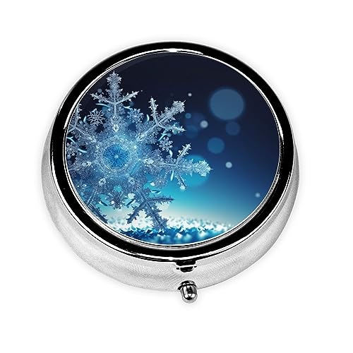 Blue Christmas Snowflake Print Round Pill Box 3 Compartment Medicine Pill Case Portable Pill Container for Daily Medicine Supplement Vitamin