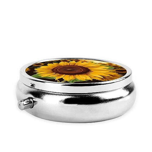 Beautiful Sunflower Print Round Pill Box 3 Compartment Medicine Pill Case Portable Pill Container for Daily Medicine Supplement Vitamin