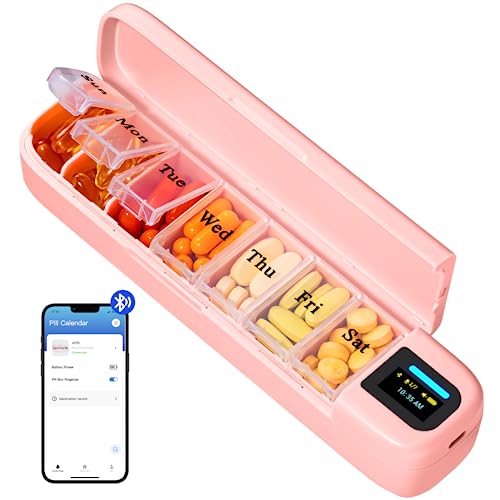 Daviky Smart Pill Organizer with Alarm, Bluetooth Daily Once a Day Pill Box 7 Day with APP, Weekly Travel Pill Case, Portable Pill Reminder for Medicines, Supplements and Vitamins (Pink)