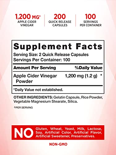 Nature's Truth Apple Cider Vinegar Capsules | 1200mg | 200 Pills | Extra Strength | Value Size | Non-GMO, Gluten Free Supplement