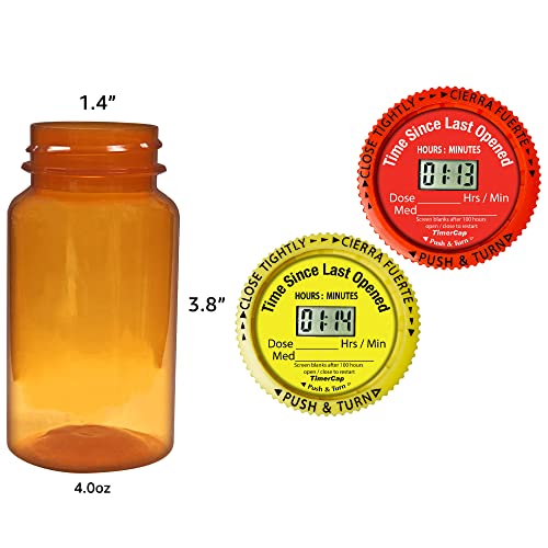 TimerCap Automatically Displays Time Since Last Opened - Built-in Stopwatch Smart Pill Bottle Cap Medication Reminder Case (Qty 2-4.0 oz Amber Bottles) CRC