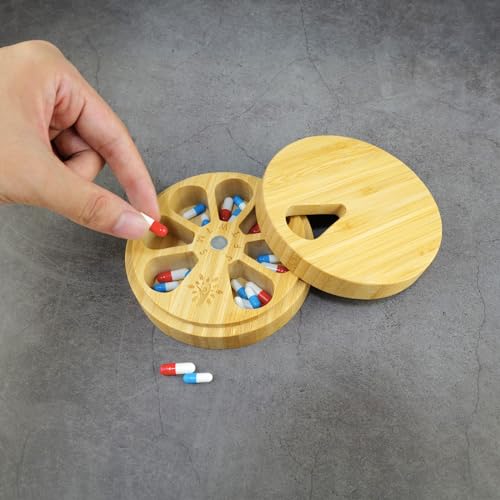 Bamboo Wood Pill Organizer for Medicine Vitamin Weekly, Arthritis Friendly 7-Day Pill Box Medium Container Holder, Daily Portable Travel Pill Case