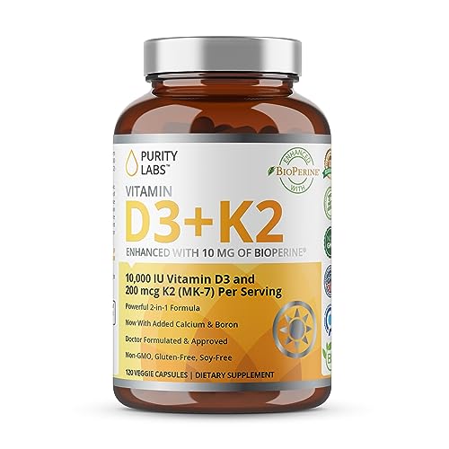 Purity Labs Vitamin D3 K2 10000 IU, (250mcg) D3 + 200mcg K2 MK7 - Immune Support Supplement Enhanced with Bioperine - Vegan Supplements for Daily Defense, Bone, Muscle & Skin Health - 120 Capsules