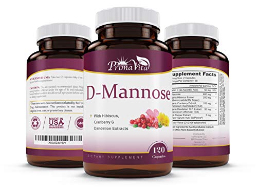 PrimaVita D-Mannose Supplement 800mg, D-Mannose Capsule with Cranberry, Dandelion Extract and Vitamin C, Support Overall Immunity, 120 Vegan Capsule