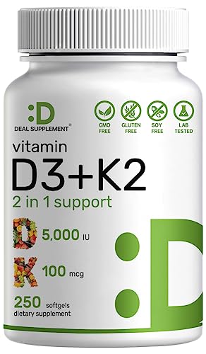 DEAL SUPPLEMENT Vitamin D3 K2 Softgel, 250 Count, 2-1 Complex, Vitamin D3 5000 IU & Vitamin K2 MK7, Promotes Heart, Bone & Teeth Health – Very Easy to Swallow