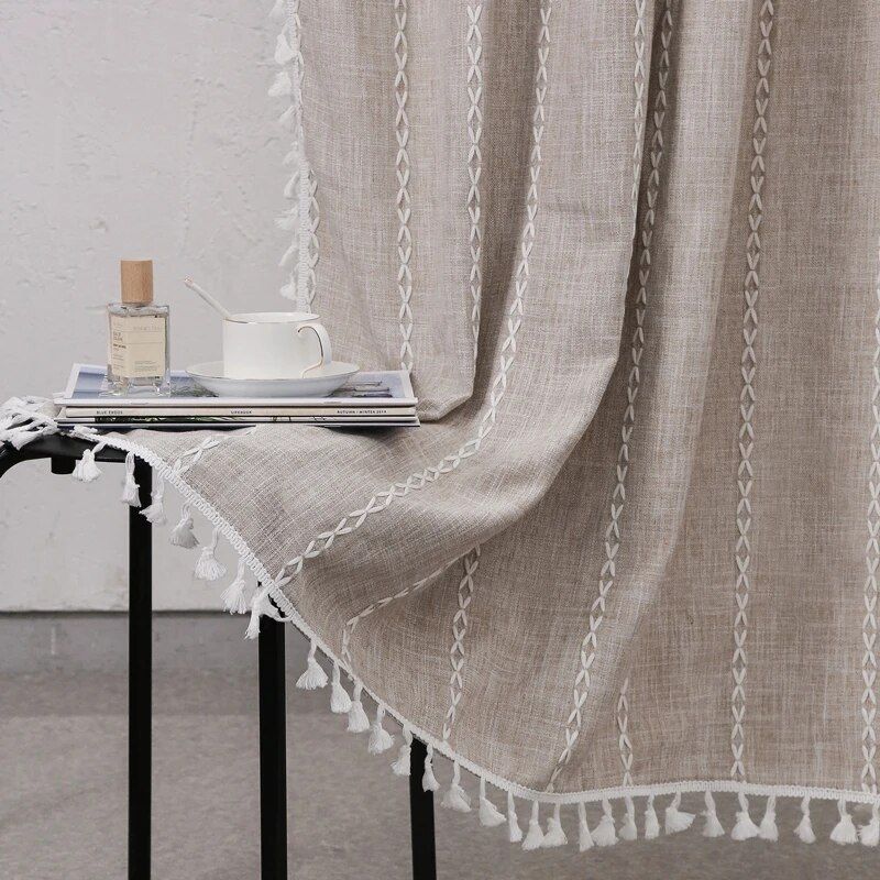 Luxurious Boho-Chic Striped Linen Cotton Shower Curtain with Tassels and Hooks