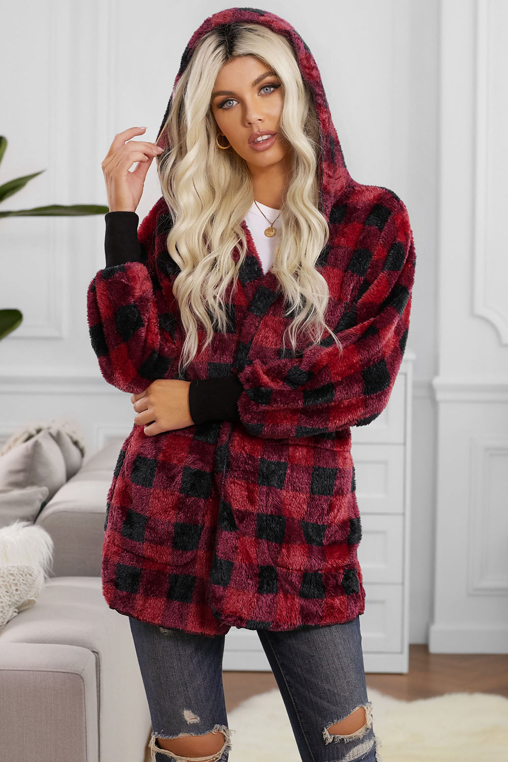 Plaid Fuzzy Fleece Open Front Hooded Jacket