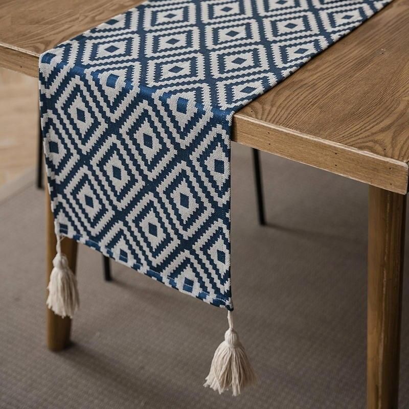 Elegant Nordic Jacquard Table Runner with Geometric Tassel Design