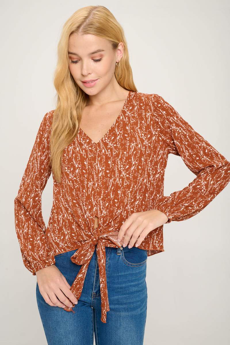 V Neck Long Sleeve Tie Front Pop Over Blouse Top