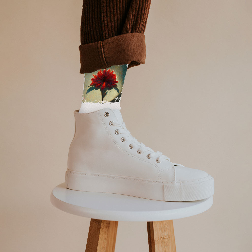 Red Dahlia Flower Socks - Art Novelty Socks - Graphic Crew Socks