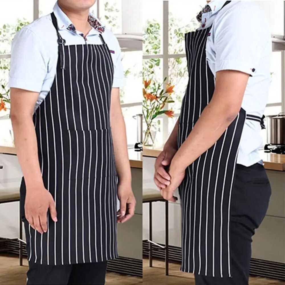 Adjustable Black and White Stripe Bib Apron with Pockets for Men and Women