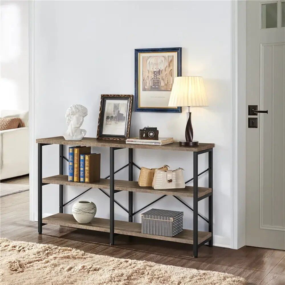 Industrial 55" 3-Tier Console Table, Rustic Brown